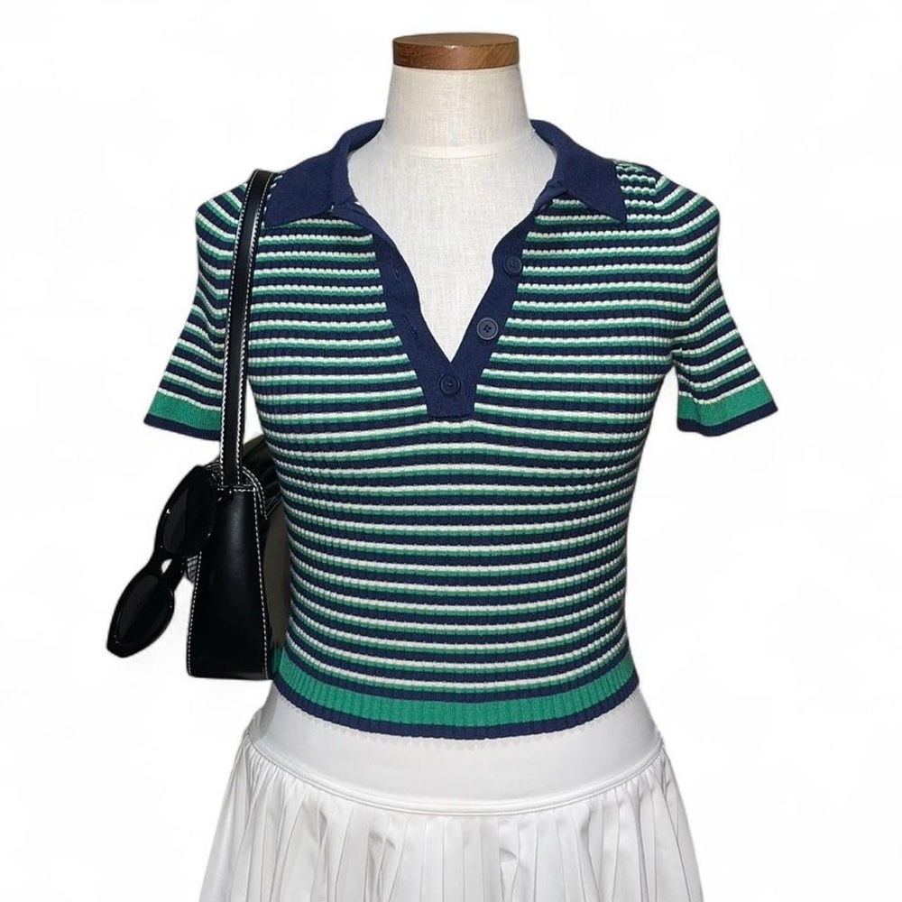 Aerie Sweater Polo Ribbed Cropped T-Shirt Sz M in Green/Blue/White Striped